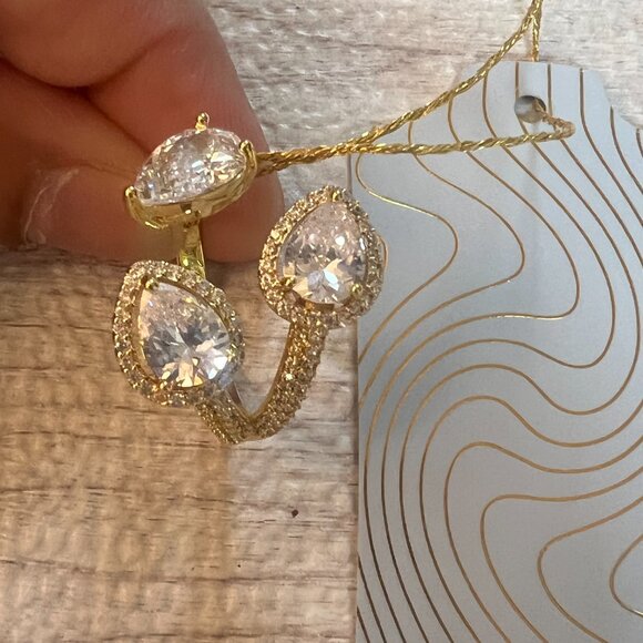 EyeCandy Los Angeles Statement Ring Gold Tone Triple Pear CZ Halo Cocktail Sz 8” - Picture 9 of 10